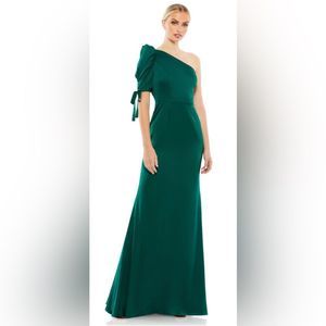 NWT Mac Duggal Satin One-Shoulder Puff Sleeve Trumpet Gown Deep Green - Size 16